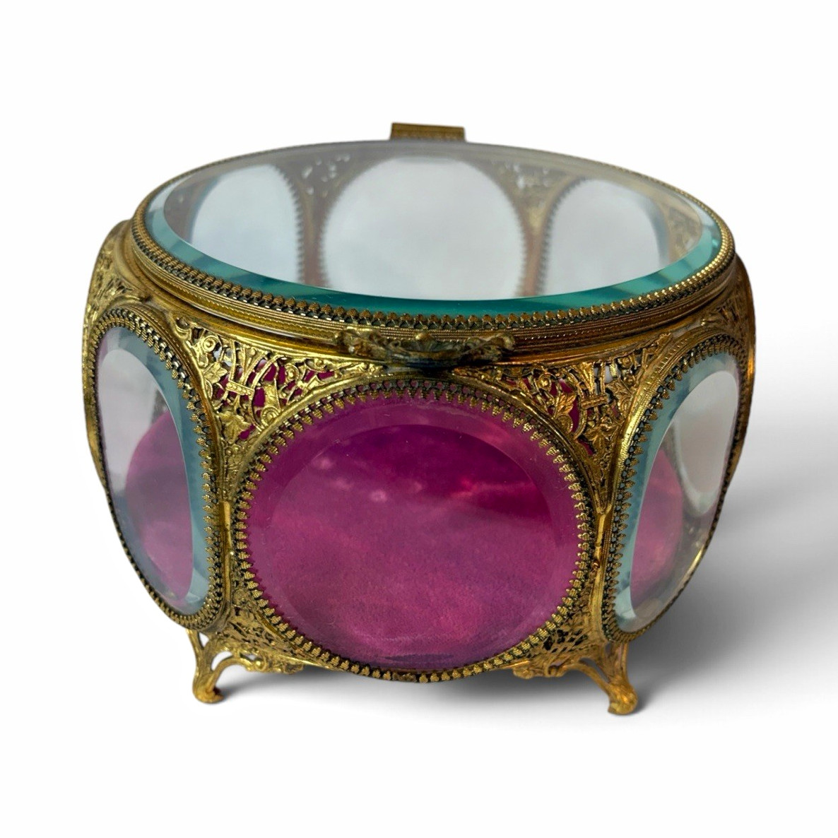 Vintage Faceted Beveled Glass Jewelry Casket Box Gold Filigree Cranberry Velvet Vintage Faceted Beveled Glass Jewelry Casket Box Gold Filigree Cranberry Velvet