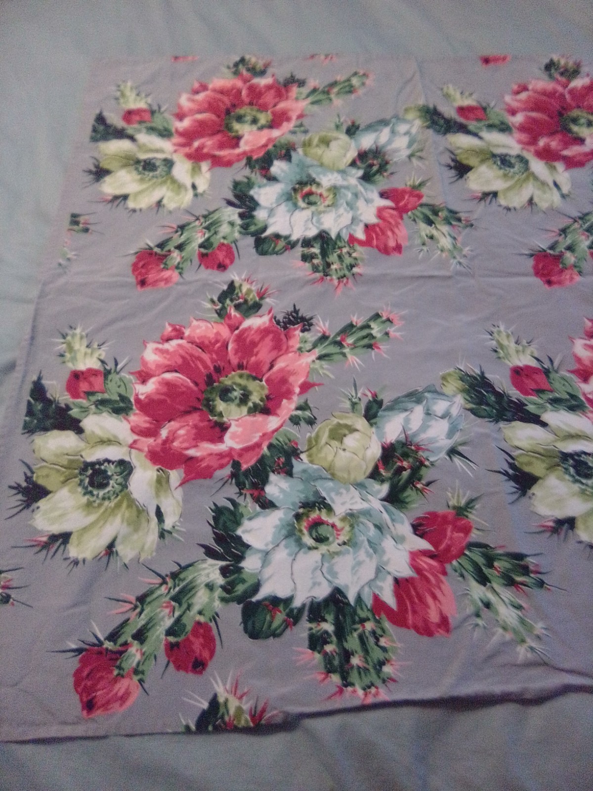 Gorgeous Vintage Gray Green Pink Floral Tablecloth~44