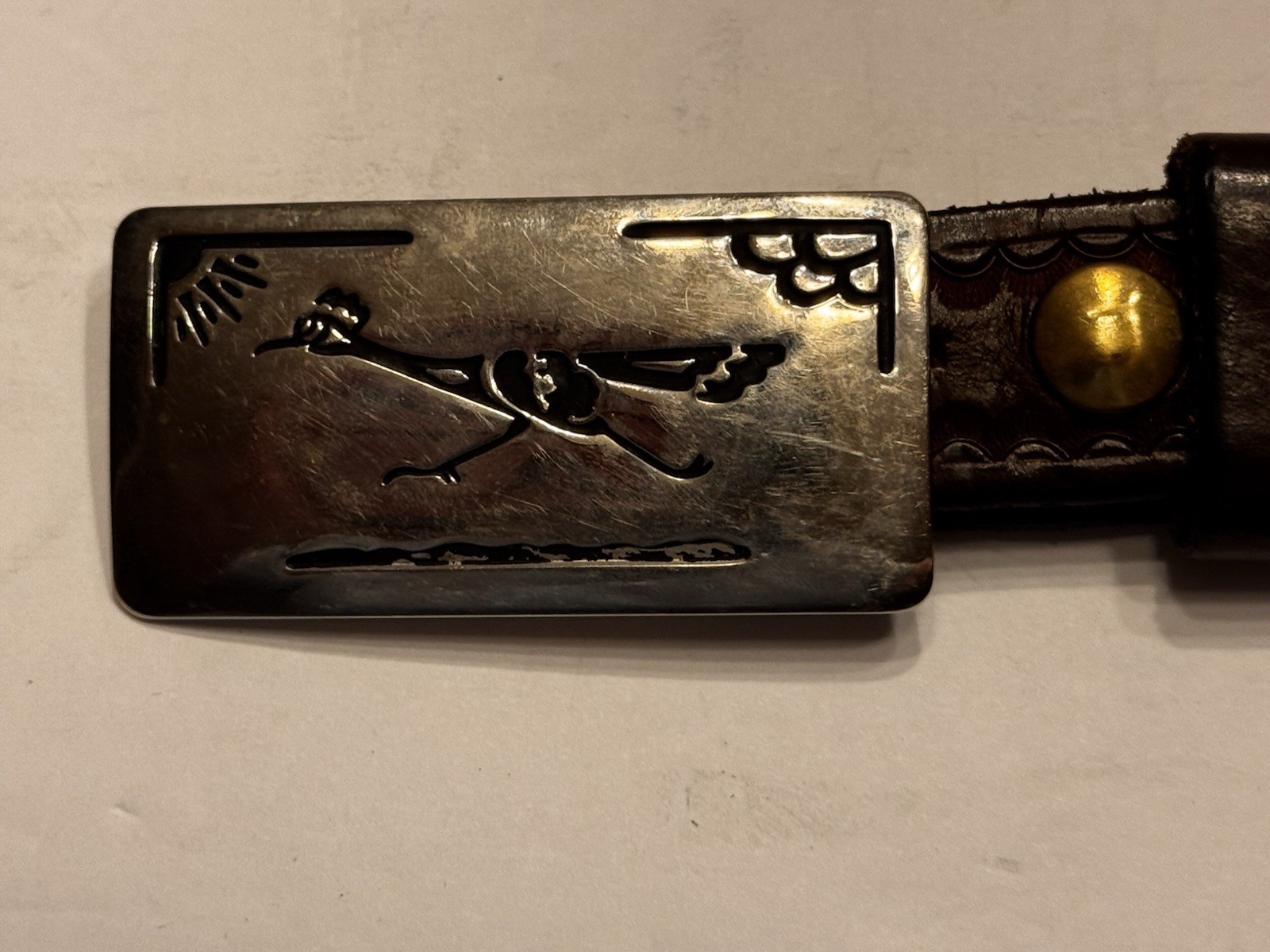 Chambers Belt Company Leather Tooled Brown Silver Road Runner Buckle Southwest