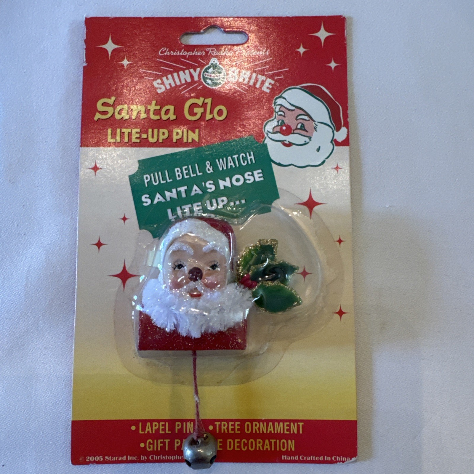 Vintage Christopher Radko Shiny Brite Santa Light Up Christmas Pin Brooch