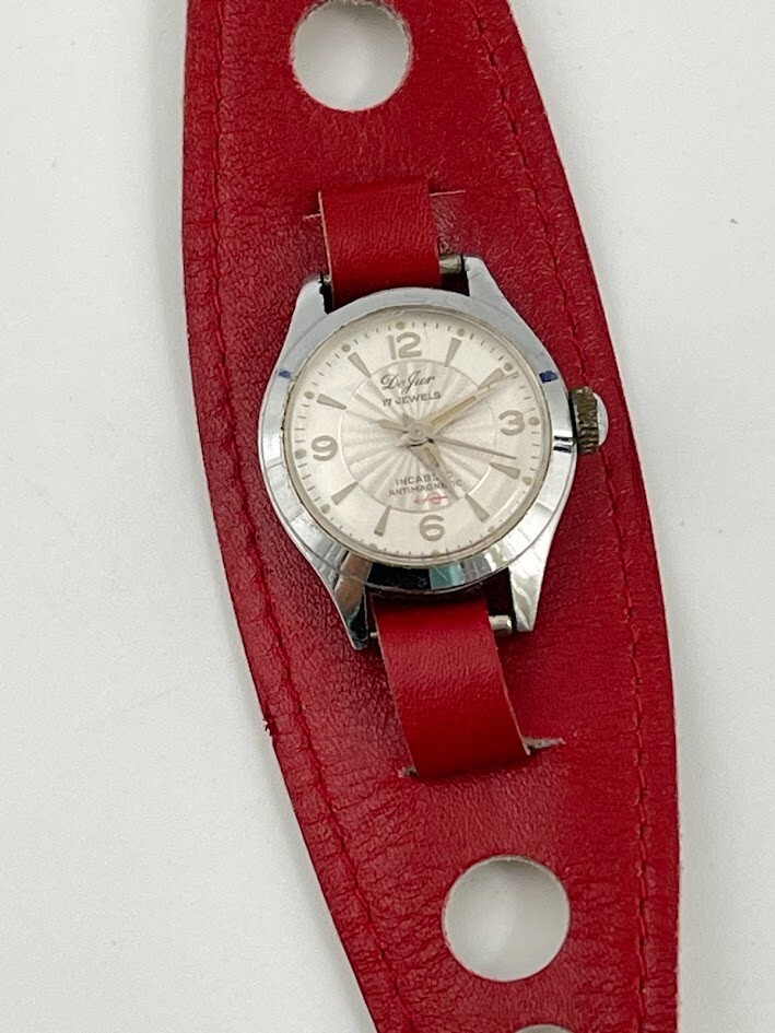 Vintage De Jur Incabloc Watch Mechanical Swiss Runs Great Red Faux leather Band