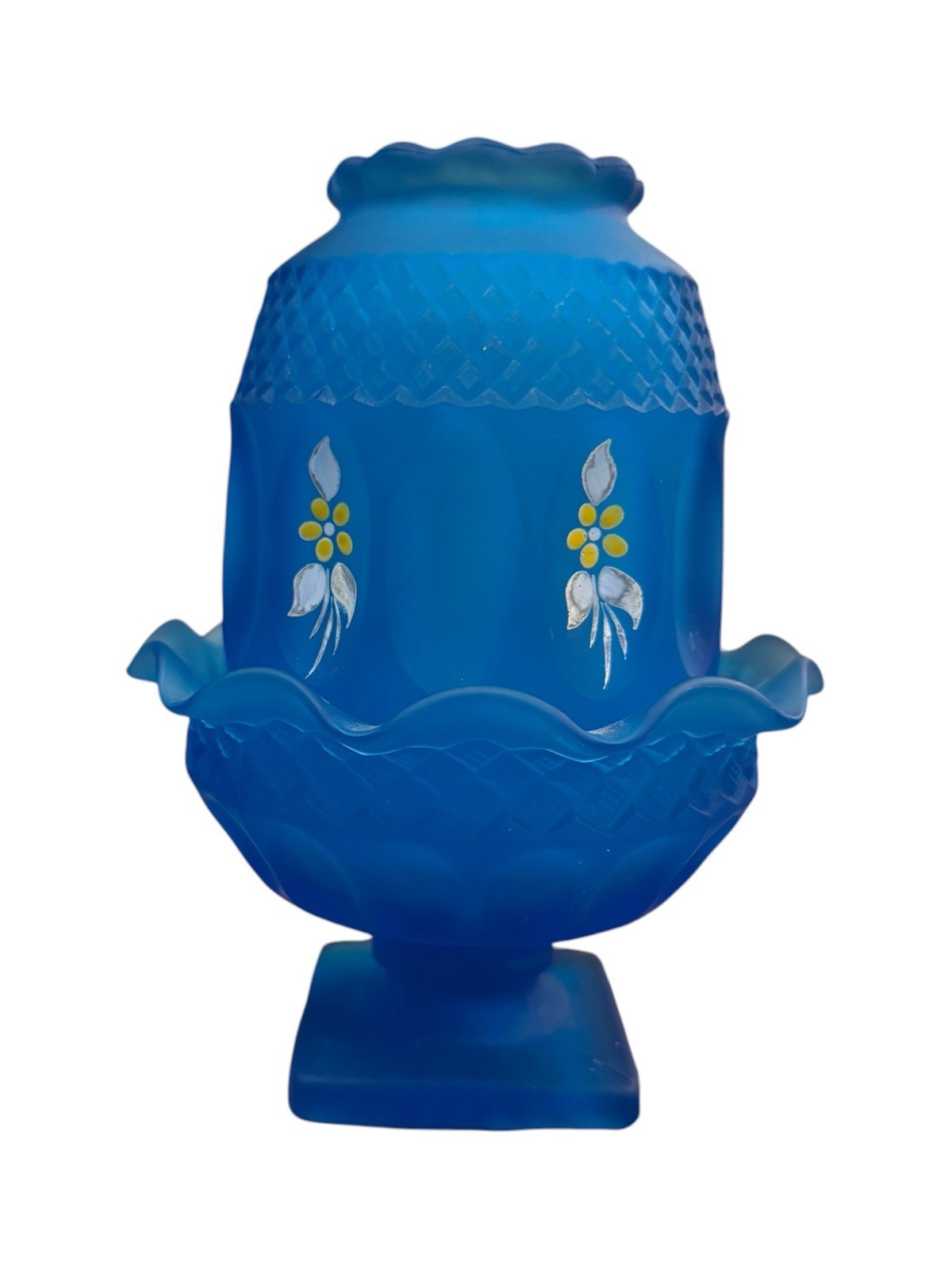 Vintage Westmoreland Wakefield Fairy Lamp Hand Painted Flowers Blue Satin Glass