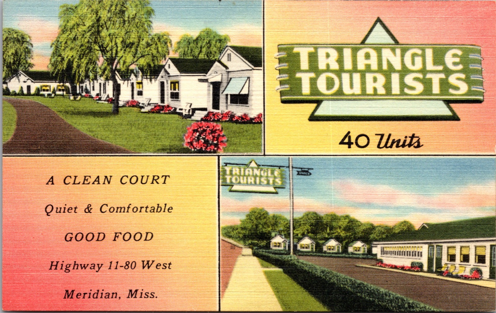 Triangle Court Meridian Mississippi Linen Postcard Cabins AAA Tourist