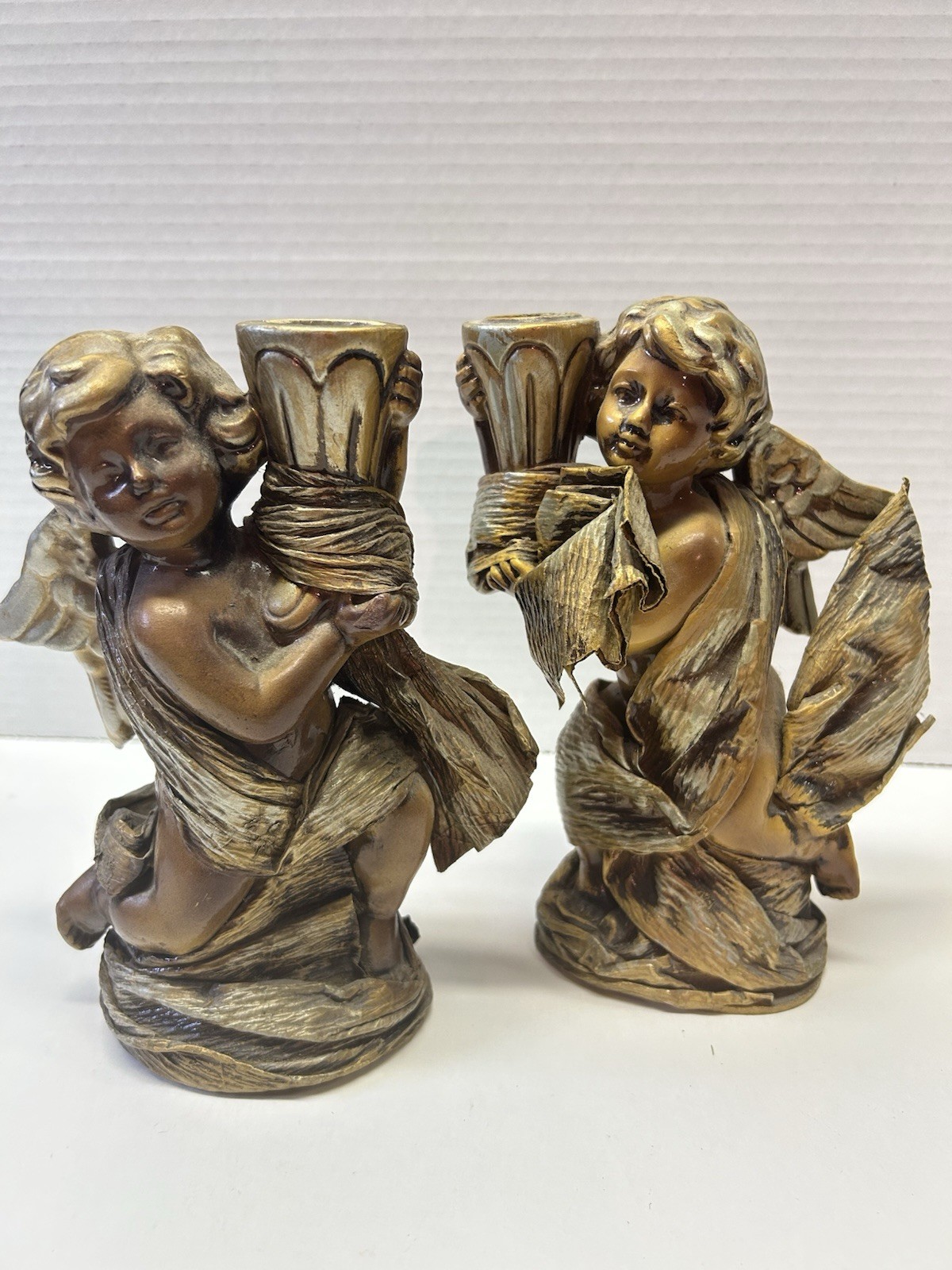 Vtg Cherub Angel Candle Holders Pair Hand Made Japan Bronze Gold Figurines