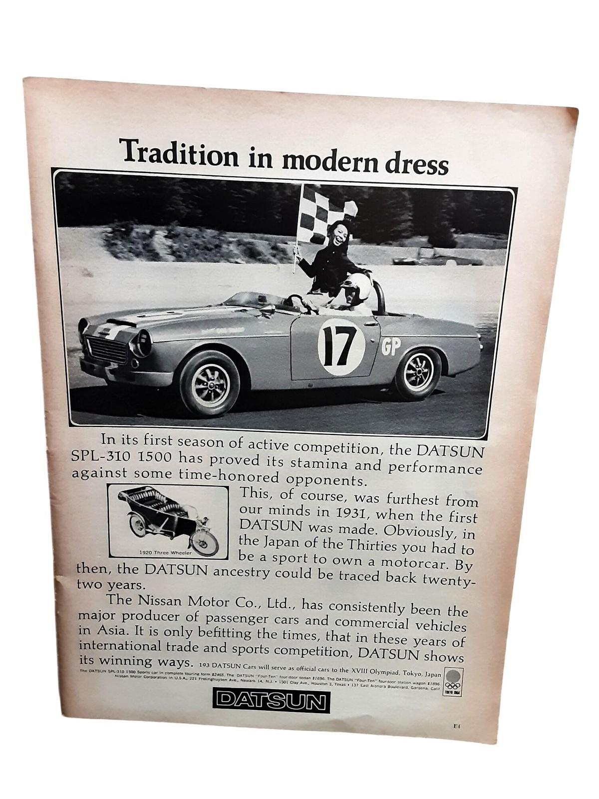 1964 Datsun SPL-310 1500 Vintage Print Ad Racing Sports Car Tokyo Olympics