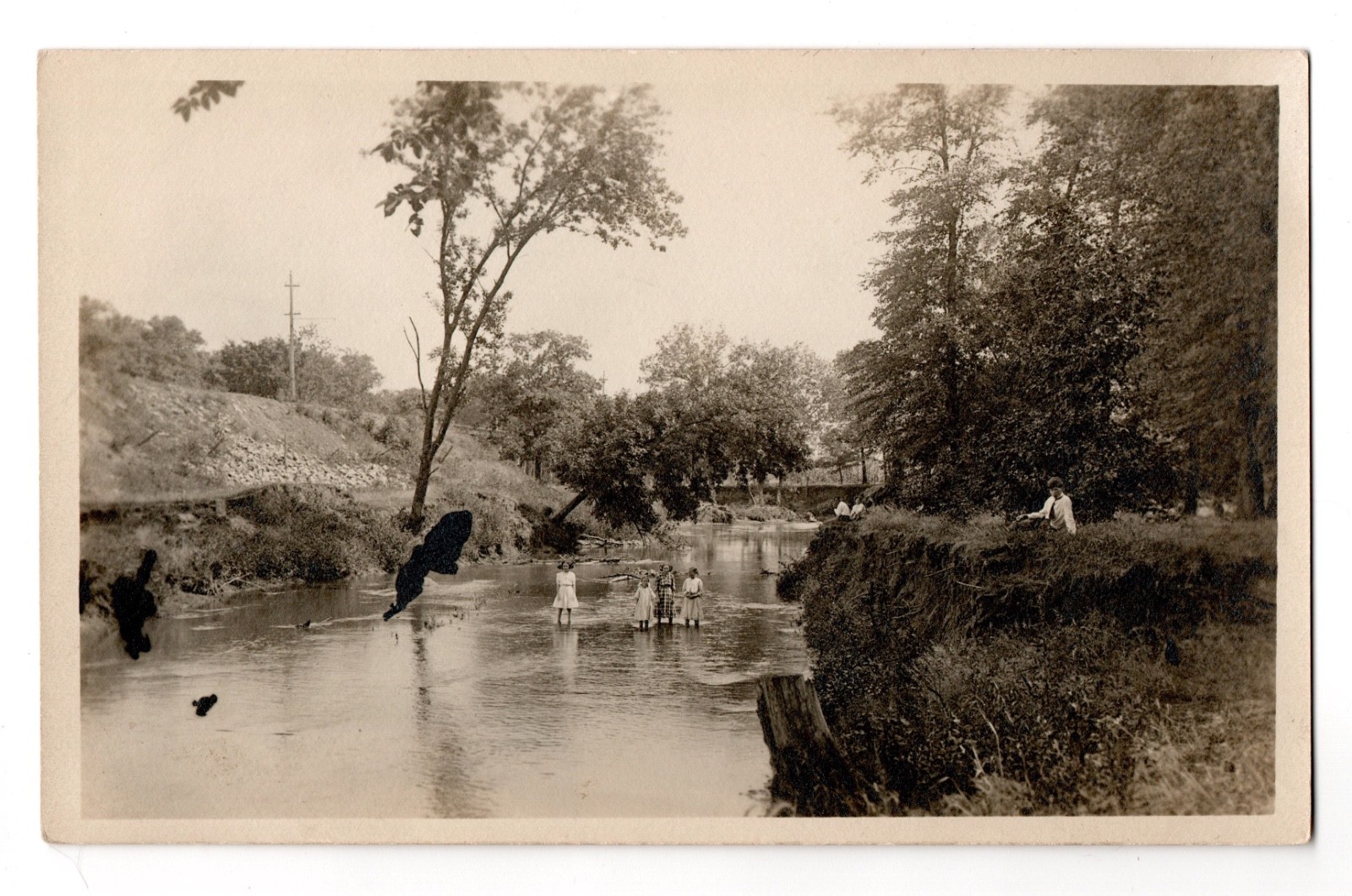 Waterfront Setting Girls Standing In Water Real Photo Postcard RPPC Unposted