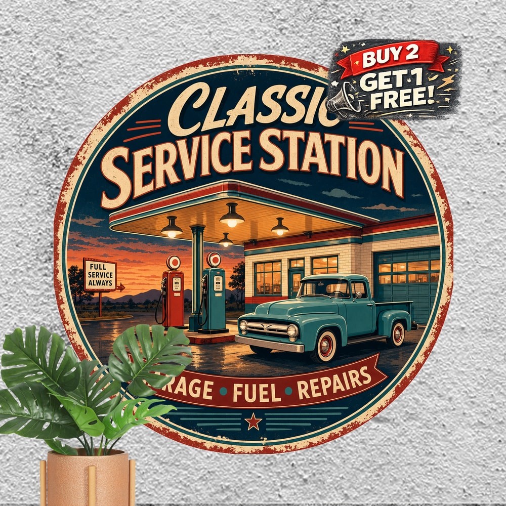 Classic Gas Station Service Round Metal Tin Sign Garage Wall Decor 8x8