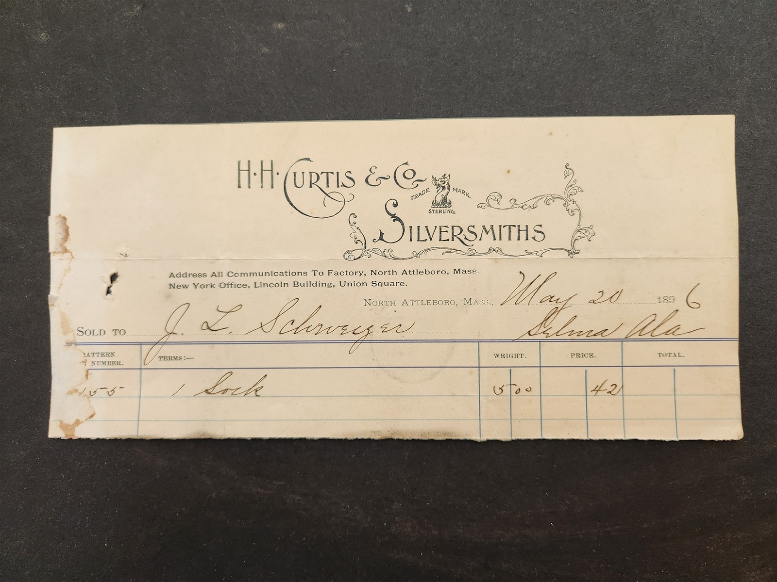 1896 antique HH CURTIS & CO north attleboro ma SILVERSMITH BILLHEAD schweizer