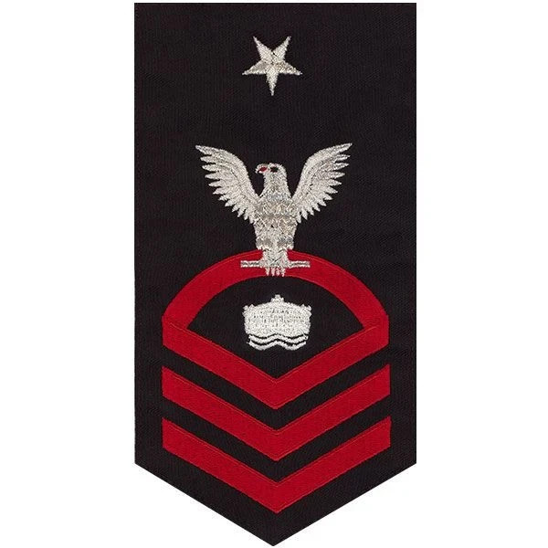 Navy E8 MALE Rating Badge: Mineman  - seaworthy red on blue
