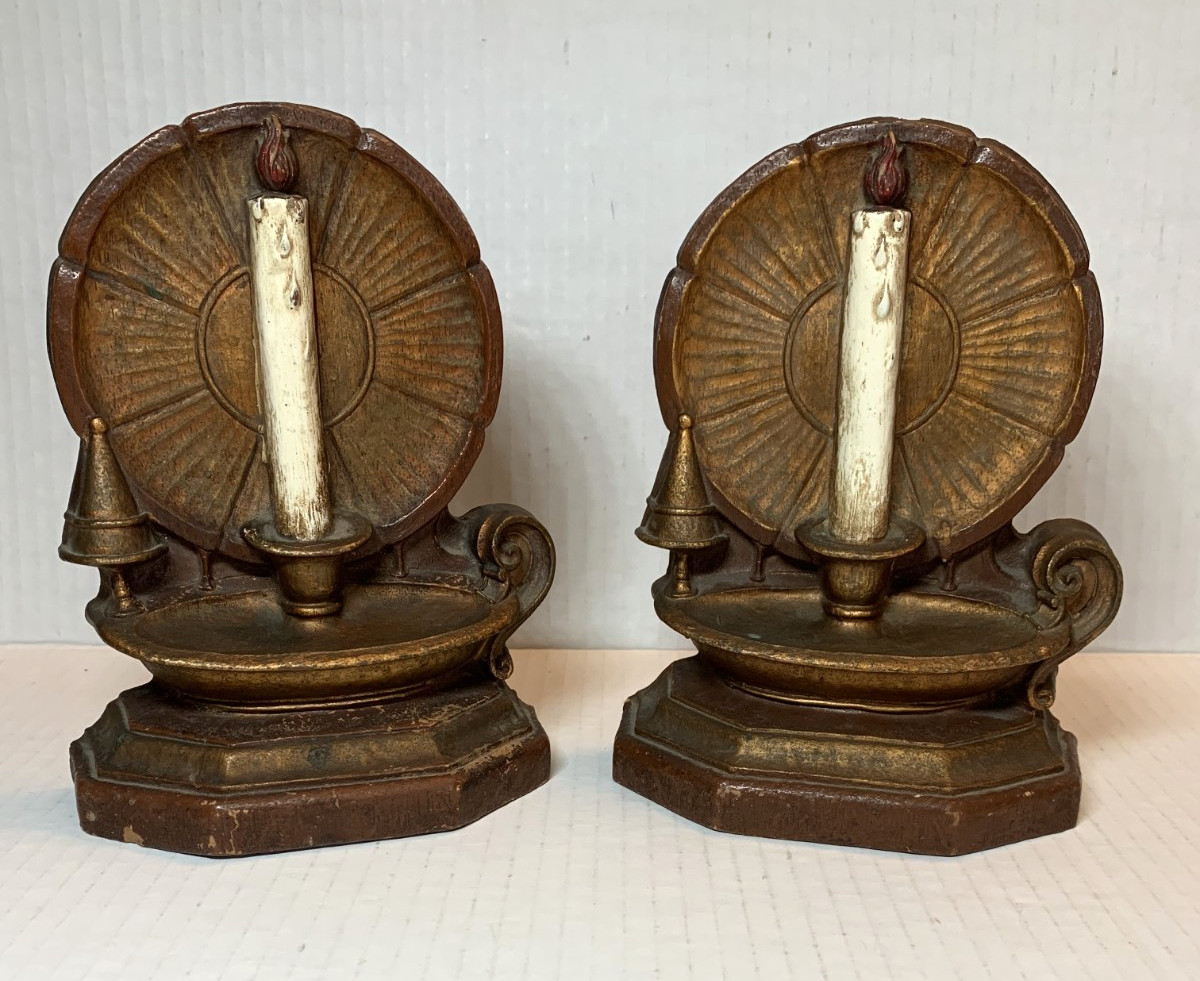 Pair Vtg Syroco Composite Wood Bookends Candleholder & Reflector Brown Metallic