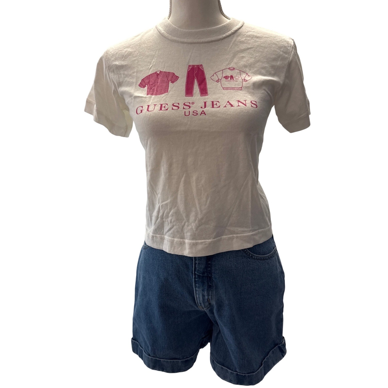New Vintage 1990s Guess Jeans USA Graphic T Shirt Crop Top Pink Women's XS