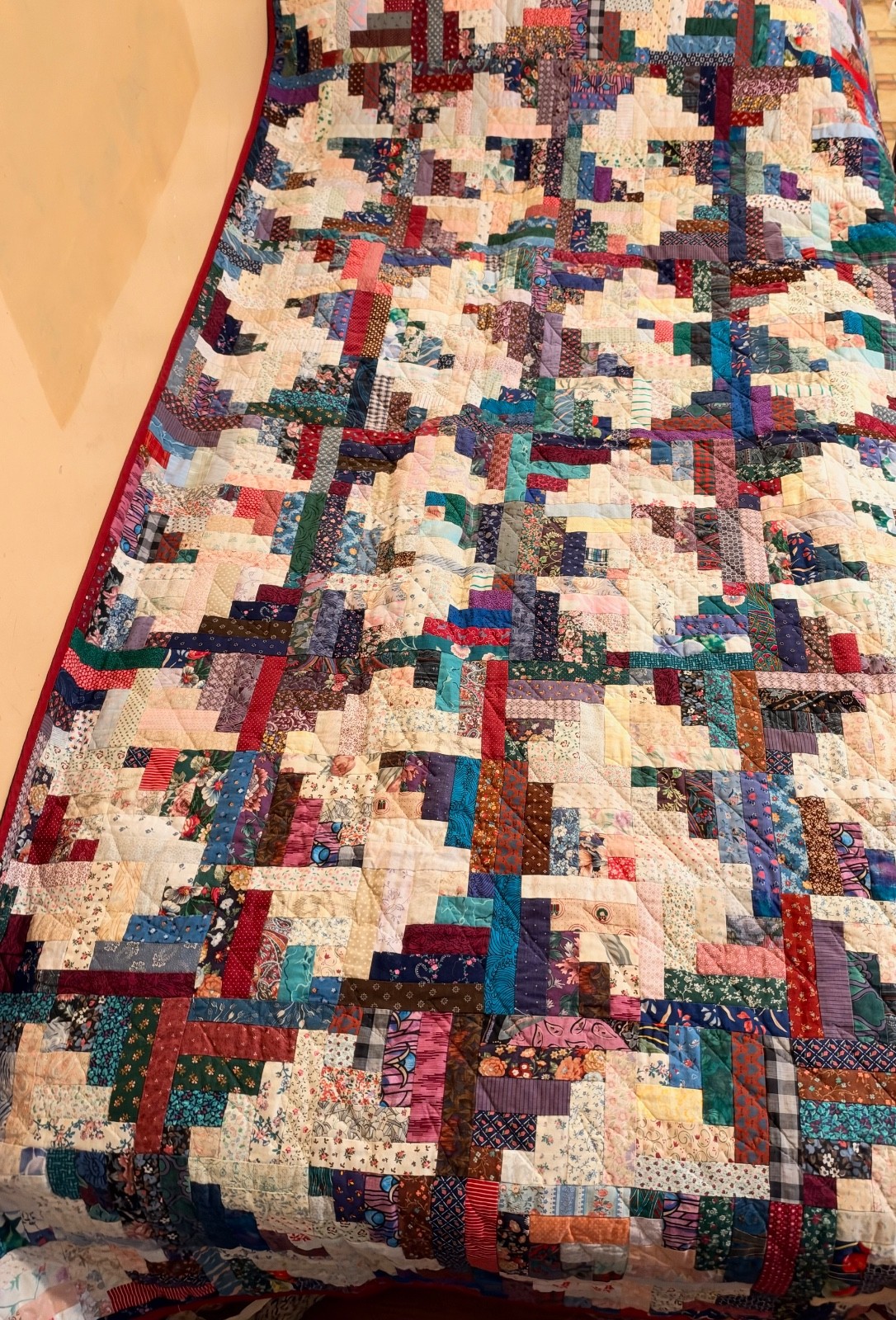VINTAGE 1995 HAND MADE by HALF LONG CABIN QUILT FLORAL SQAURE & BIRDS 80”x48”