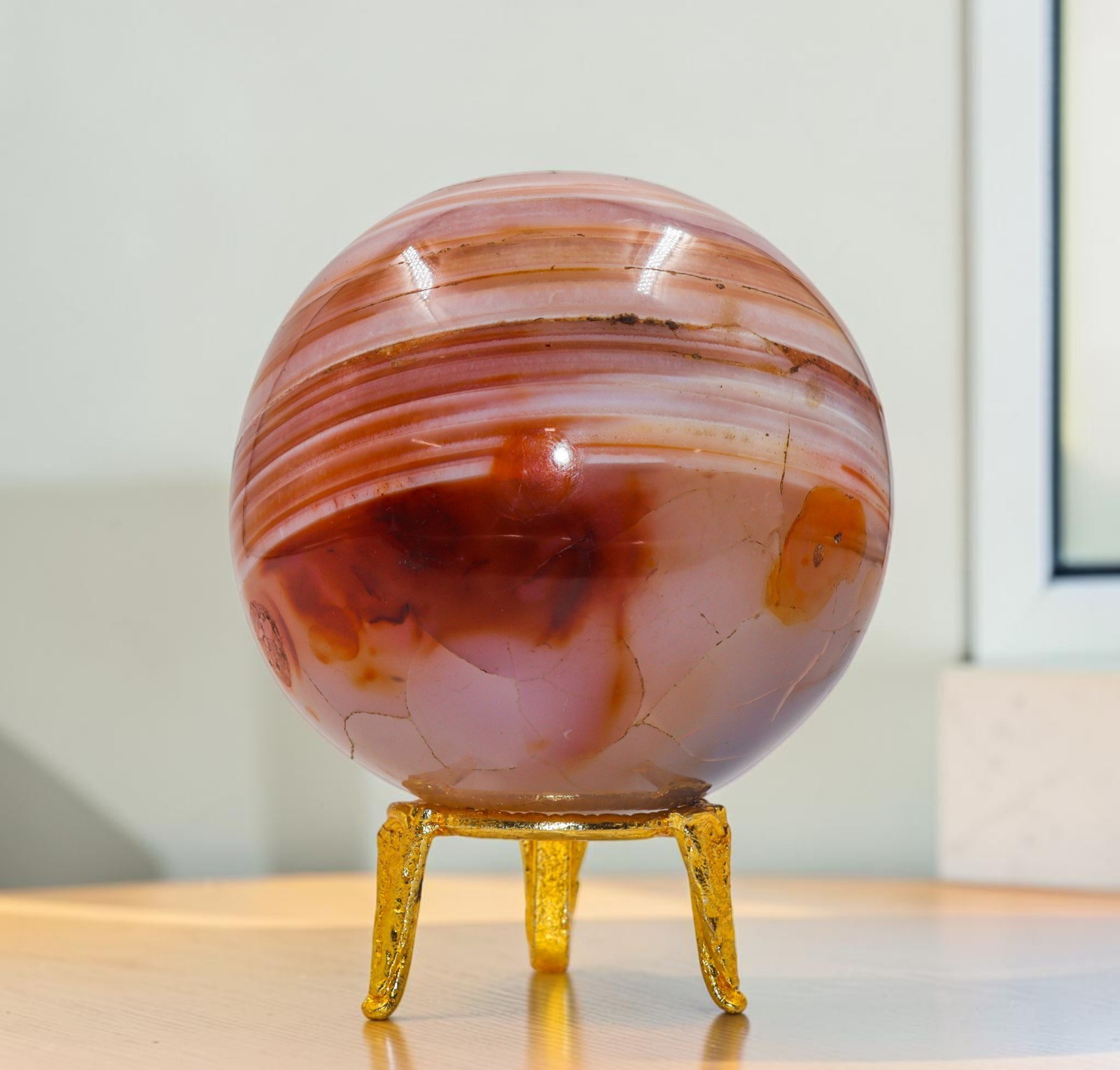 A+ 90mm Carnelian Agate Crystal Sphere 880g Banded Fire Ball Healing Meditation