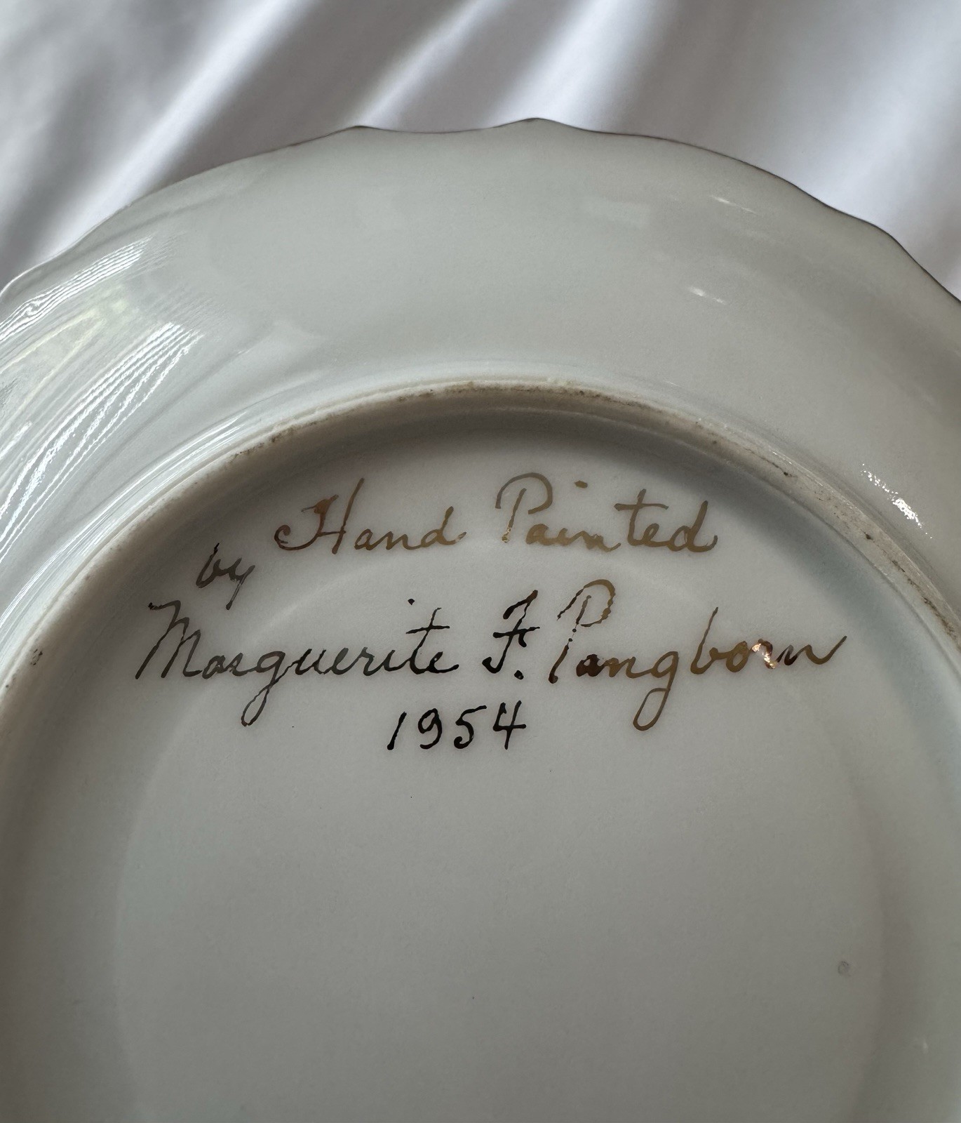 1954 Antique Signed Hand Painted Saucer Plate Floral Gold Tone Rim