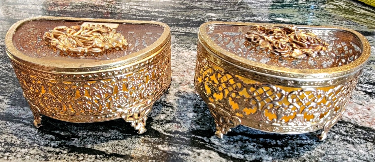 Vintage Pair Matson Style Ormolu Gold Filigree Jewelry Casket Boxes Amber Bevele