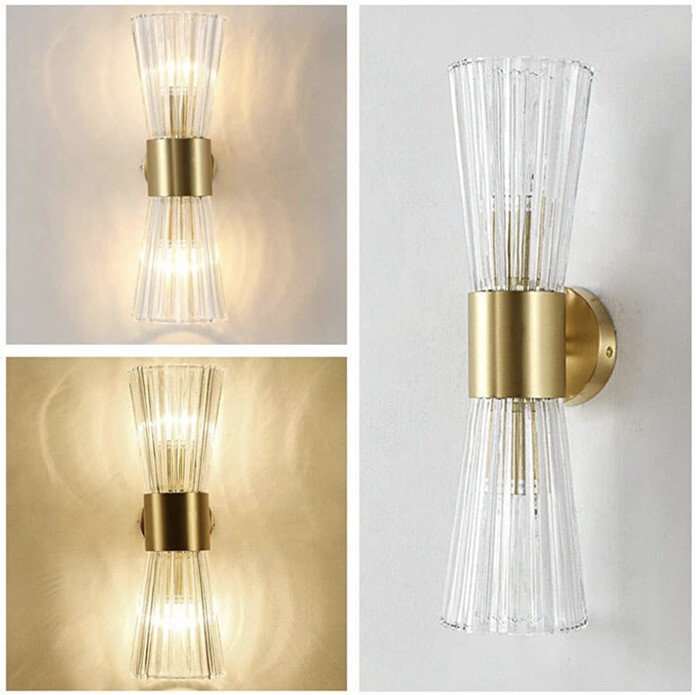 EFINEHOME Mid-Century Modern Double Crystal Lampshade Wall Light Gold Brass