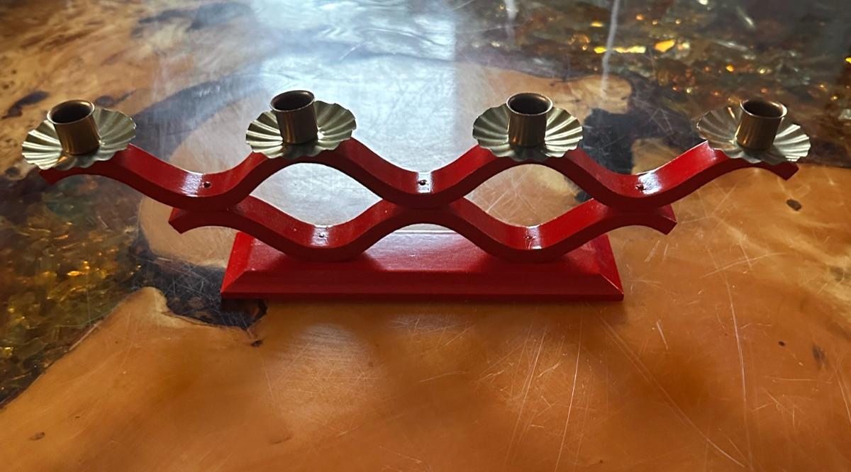 Vintage Swedish Folk Art Hand Painted Red Wood Candelabra