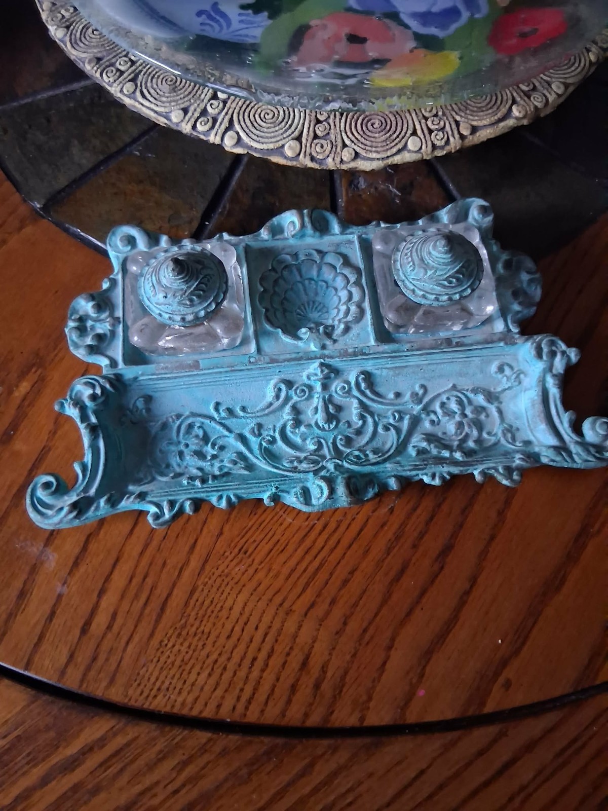 Vintage 1987 Seymour Mann Double Inkwell Stand - Rococo Victorian Style Verdigri Vintage 1987 Seymour Mann Double Inkwell Stand - Rococo Victorian Style Verdigri
