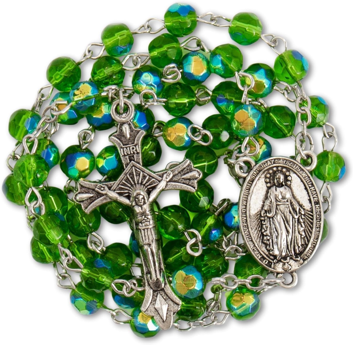 Green Crystal Glass Beads Rosary Necklace with Miraculous Medal & Crucifix