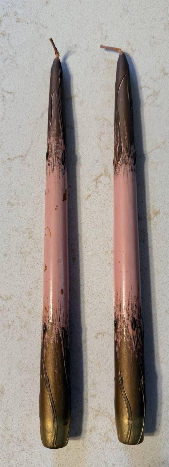 Vintage MCM Wooden Candles Faux Dripping Tapered 12” Long Pink & Gold