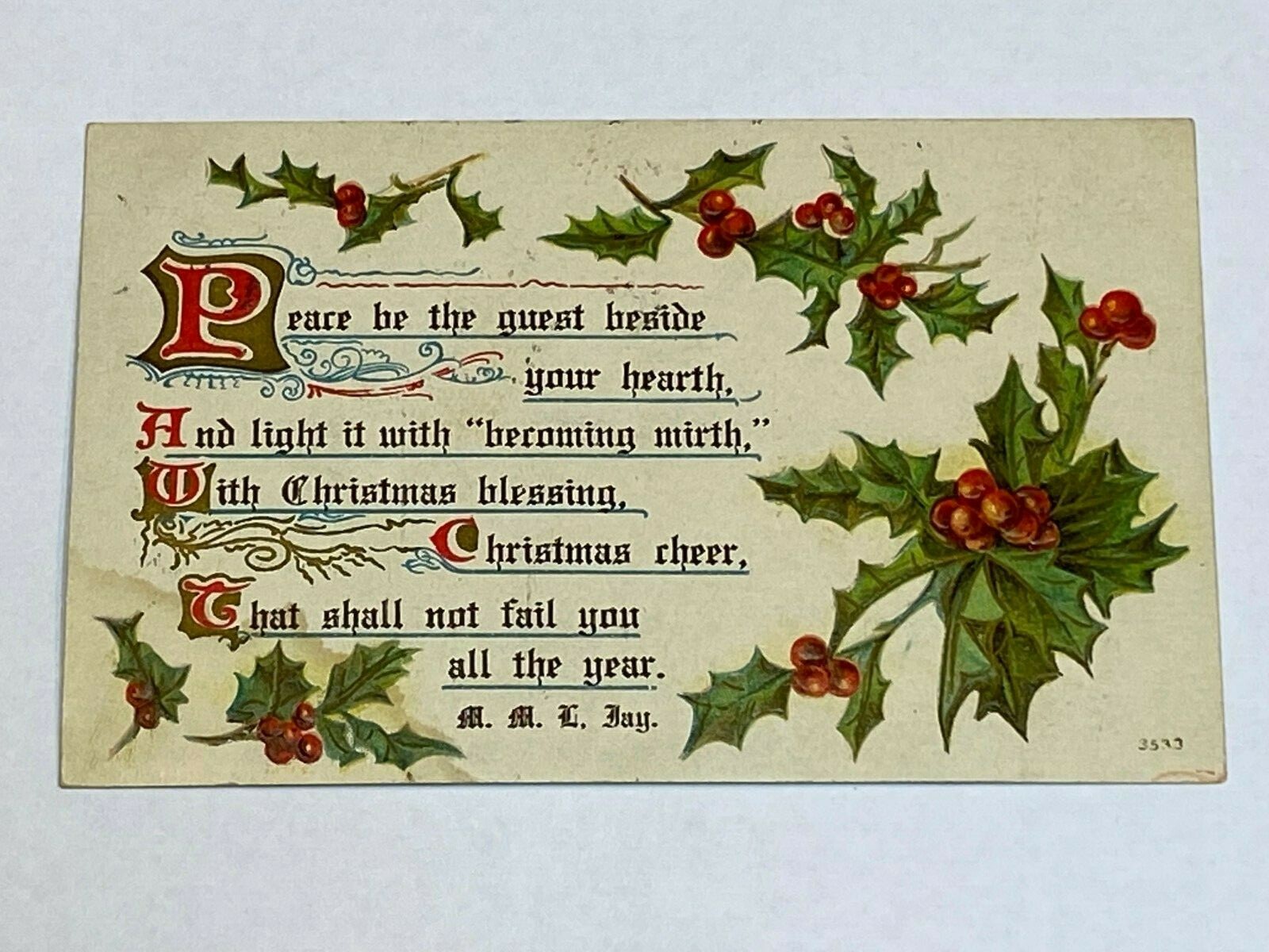 Peace Be the Guest M M C Day Antique Christmas Postcard Vintage Holiday 1910 Old