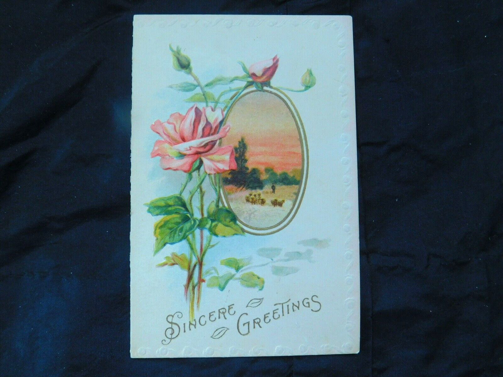 Victorian Era Greeting Card with Pink Rose and Cameo Farm Scene V514