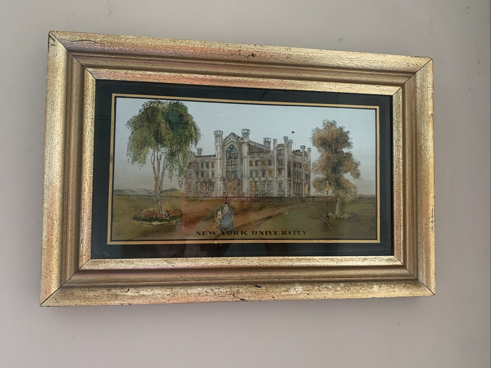 New York University Picture Eglomise  Style Reverse Painted Gold Framed Glass