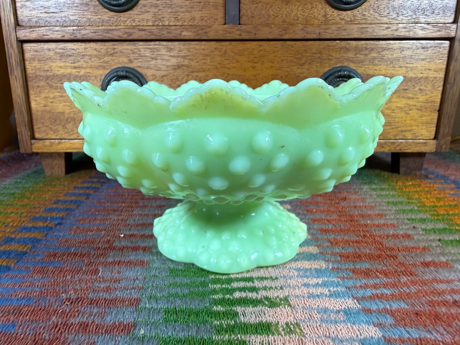 Fenton Footed Green Milk Glass Hobnail Candleholder Compote Glows