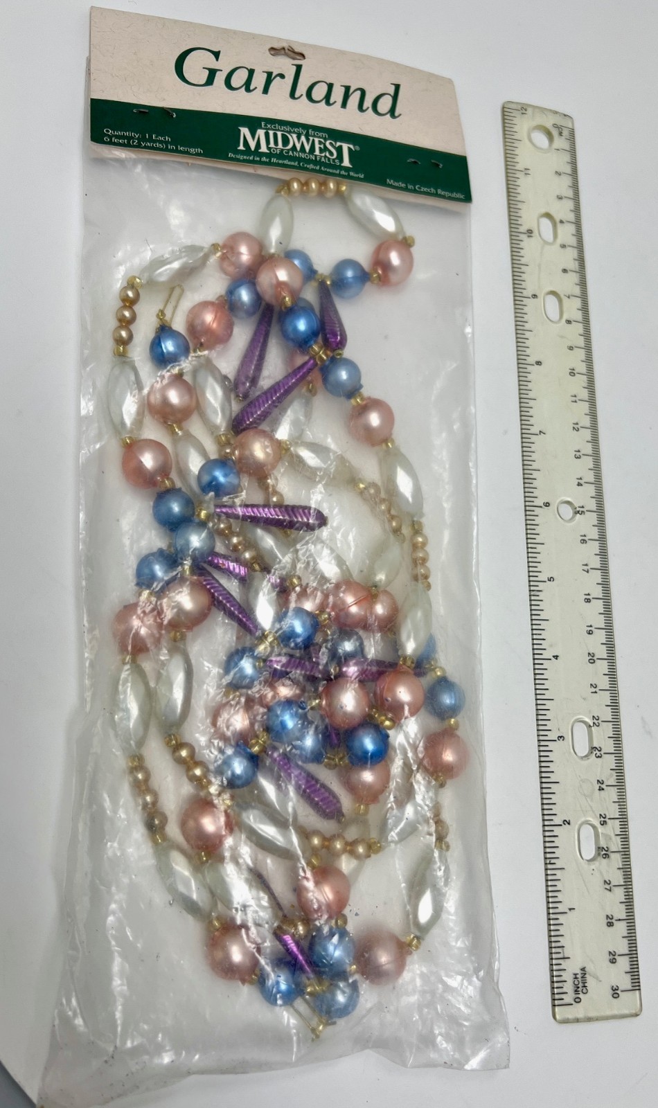 Vintage Midwest Cannon Falls Hand-Blown Czech Glass Bead Garland 6\' Pastel NOS