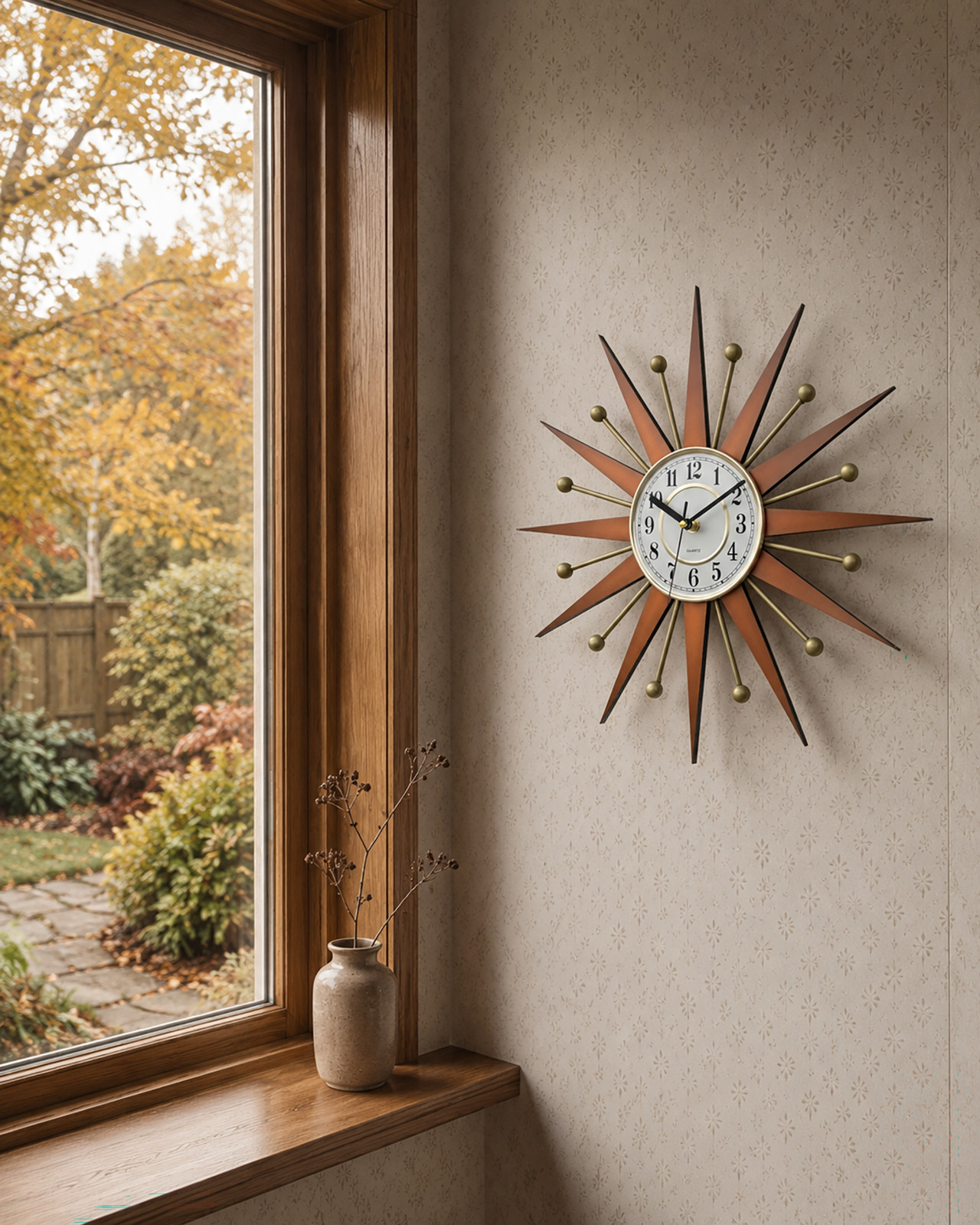 Handmade 16in Orange Sunburst Wall Clock Mid Century Modern Silent Gold Decor Handmade 16in Orange Sunburst Wall Clock Mid Century Modern Silent Gold Decor