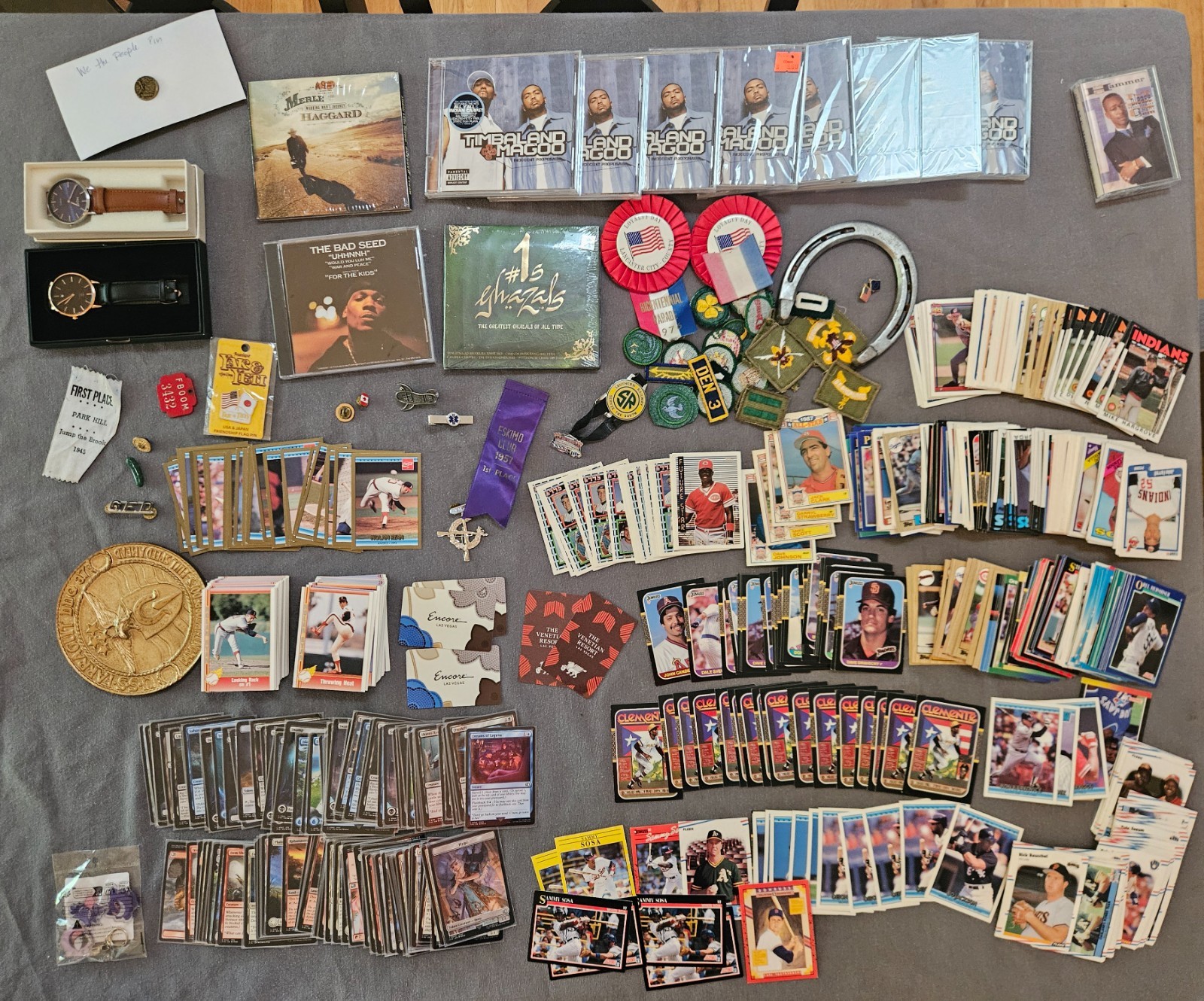 Grandpas Old Junk Drawer Lot of Patches Cards CDs Media Collectibles Watches Etc
