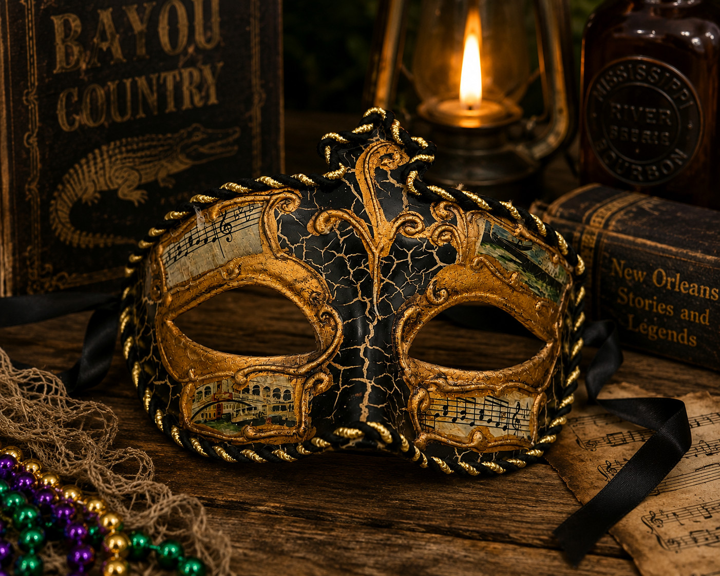 Nocturne di Venezia Venetian Masquerade Mask Black Gold Papier Mache 