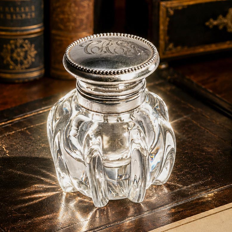 Stunning Crystal Sterling Silver Antique Art Nouveau Desk Paperweight Inkwell 