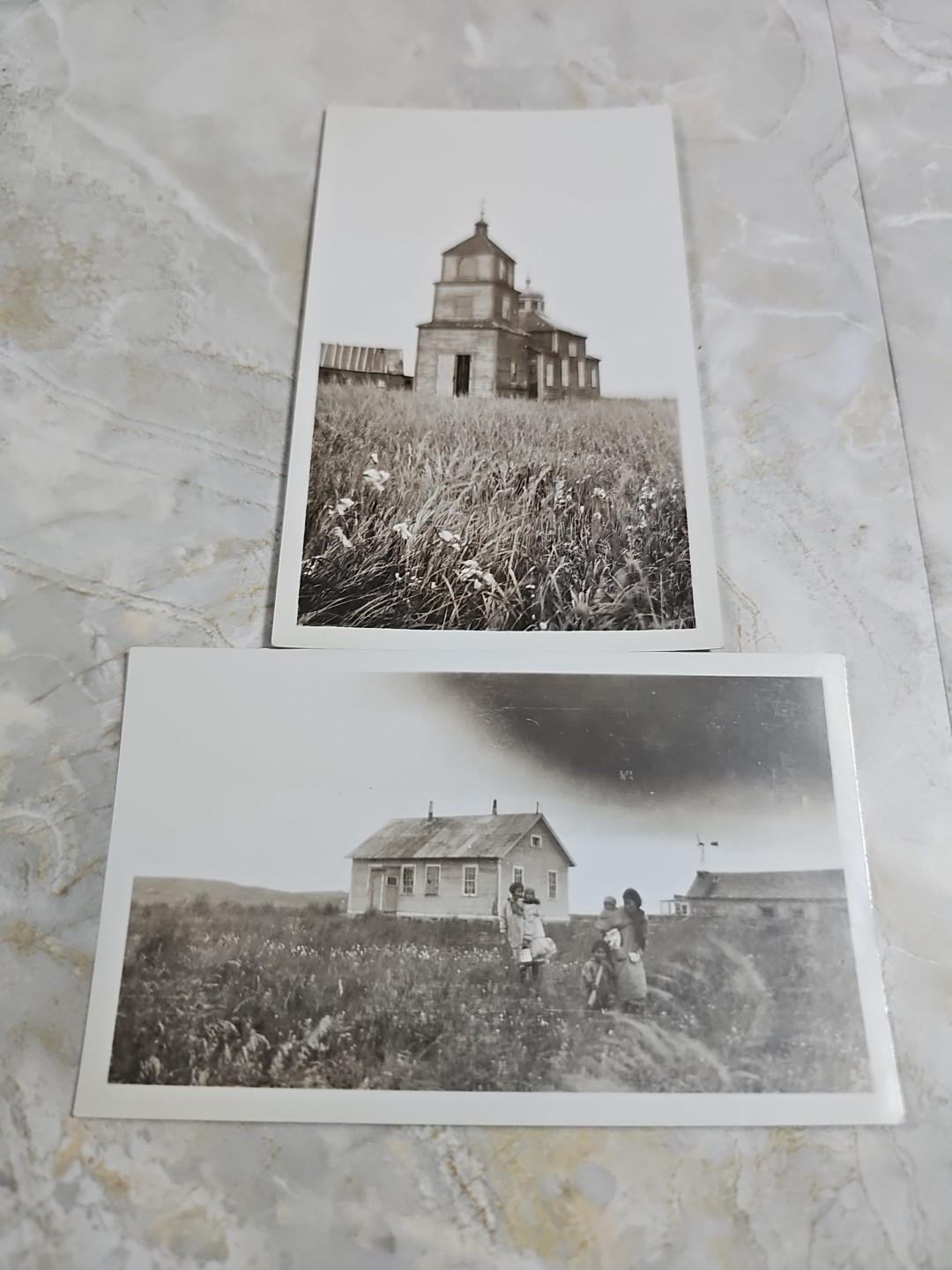 Antique Alaska Photo Pair St Michael Nome Region Church Village Family Arctic...