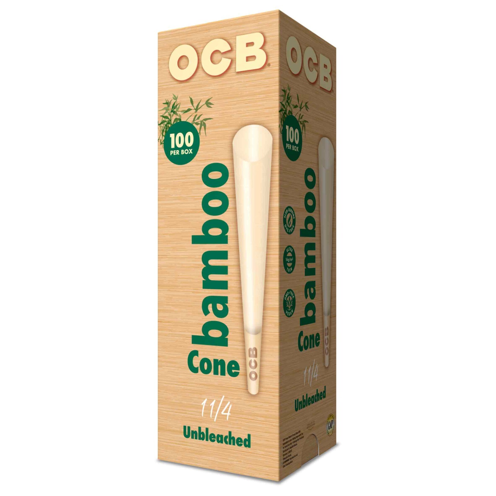 OCB Bamboo 1 1/4 Cones Unbleached Pre-Rolled Cones 84mm (100 Count Cone Tower) OCB Bamboo 1 1/4 Cones Unbleached Pre-Rolled Cones 84mm (100 Count Cone Tower)