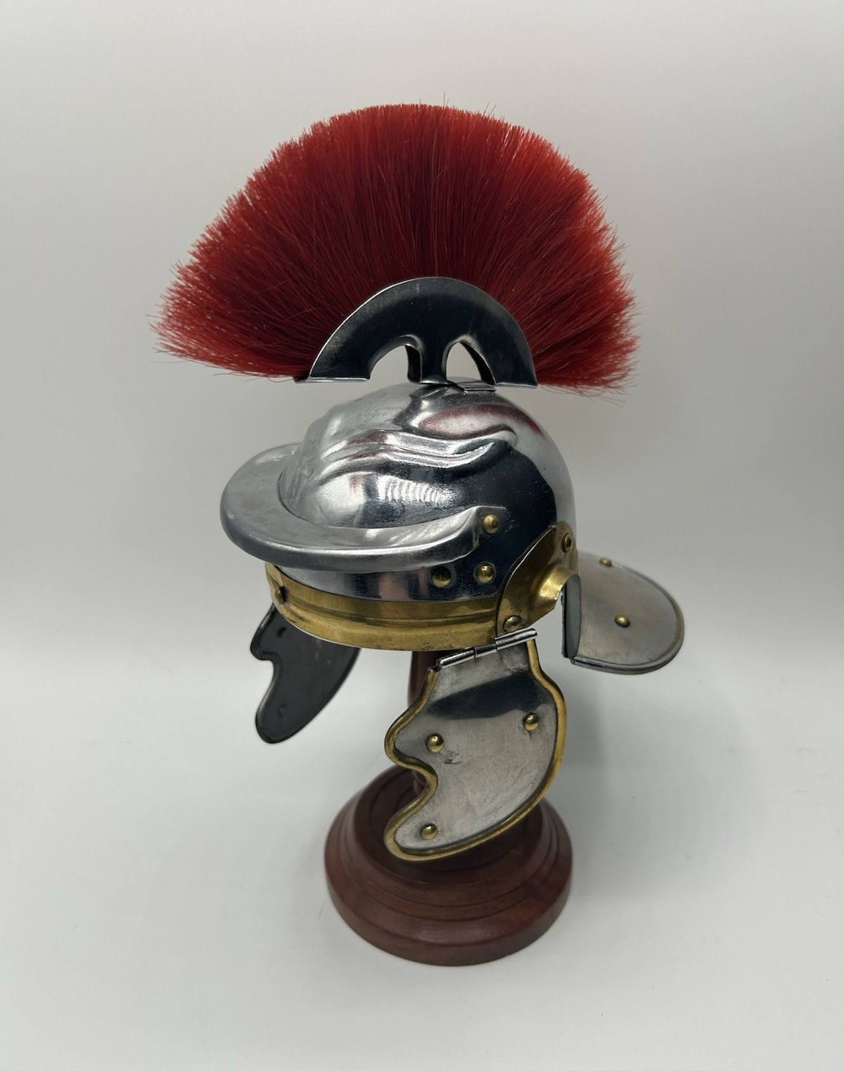 Roman Style Polished Metal Helmet 11in w/ Red Plume & Wooden Display Stand