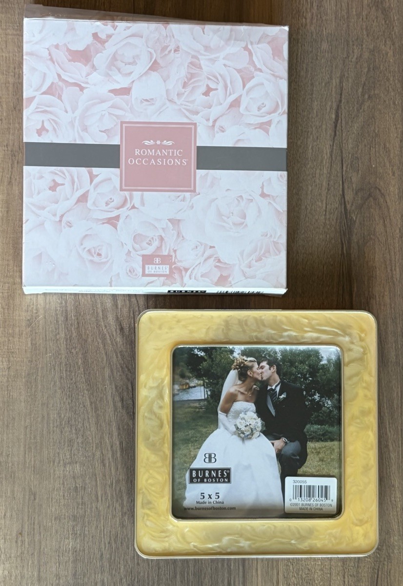 Burnes of Boston 5x5 Photo Frame Tabletop Yellow Pearl Enamel W/ Silver Trim NIB