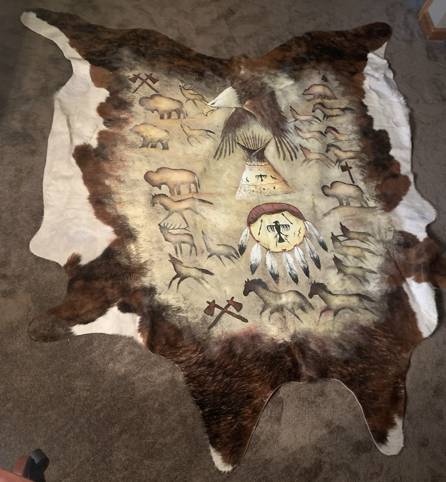 Native American Hand Painted Hide Eagle Buffalo Teepee Wolves 7ft x 6 ft