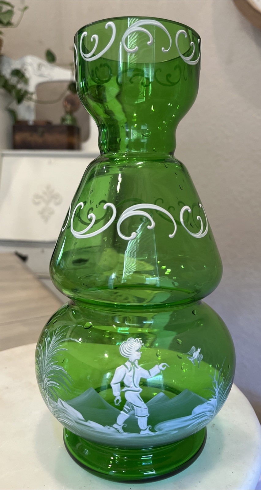 Vtg FENTON Emerald Green Glass Vase Hand Paint Mary Gregory 11” Boy & Bird XMAS