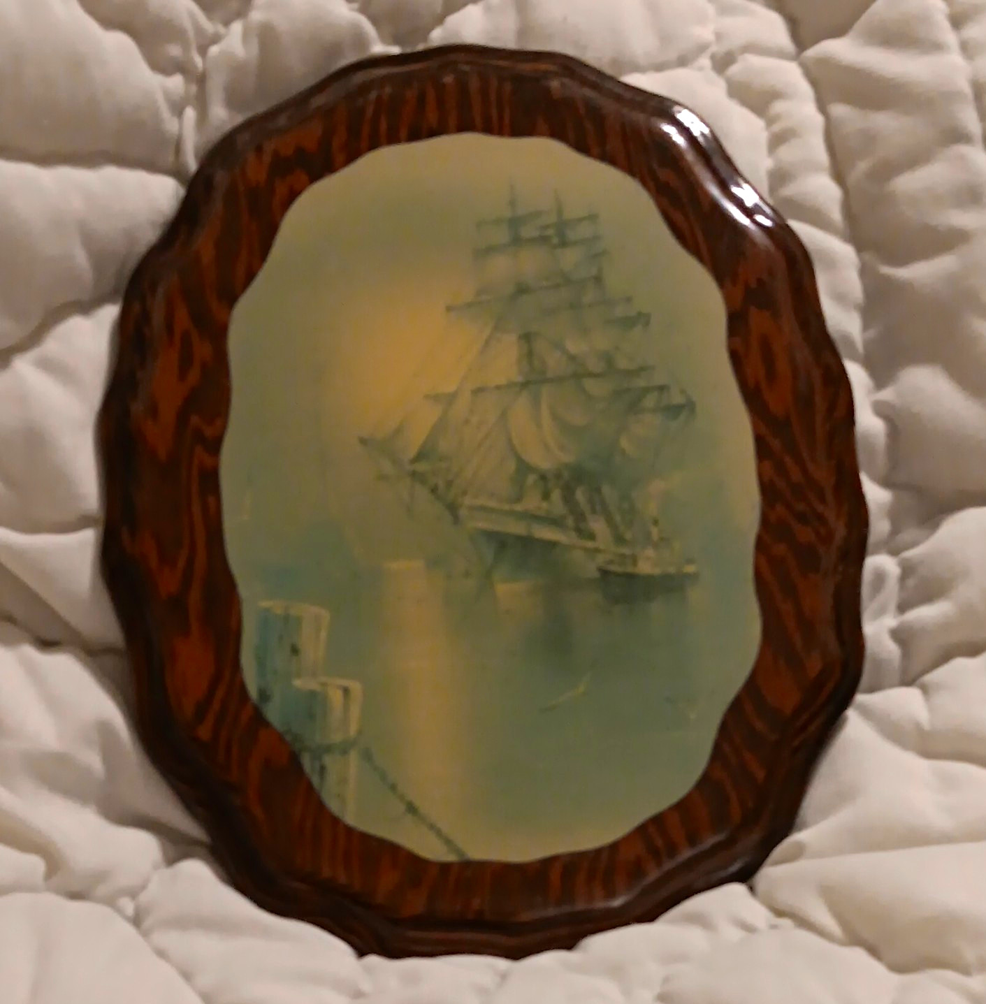 Vtg Nautical Sailing Ship Printed Wood Wall Plaque Oval Vertical Hanging Decor
