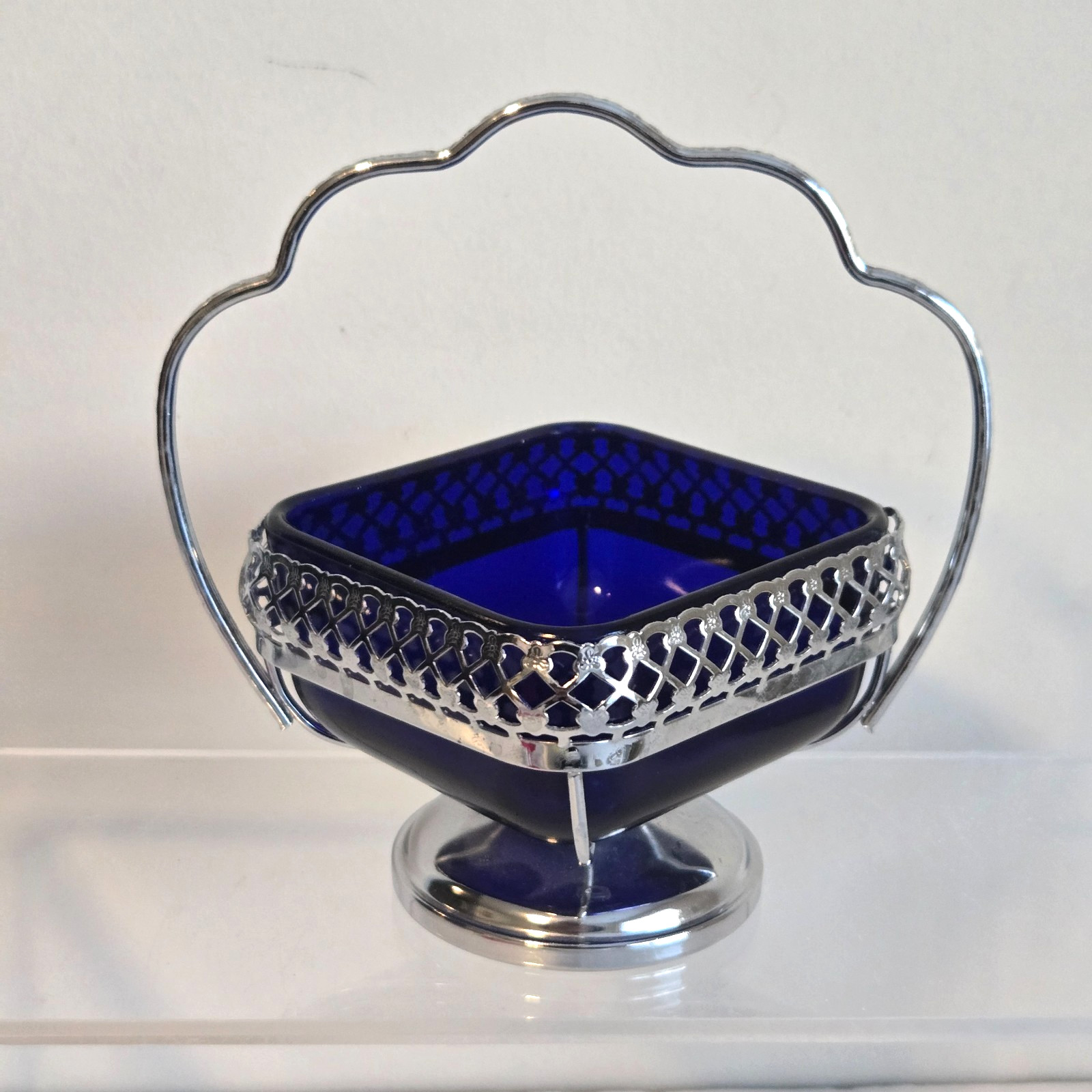 VTG Cobalt Blue Glass Stainless Chromium Plate Sugar Bowl Candy Dish Condiments