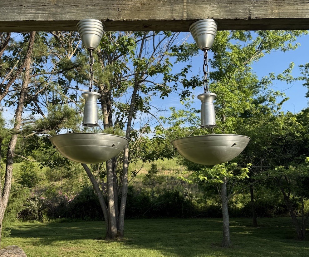 PAIR 1950s-60s SPACE AGE SPUN ALUMINUM And BRASS PENDANTS - READY TO GO