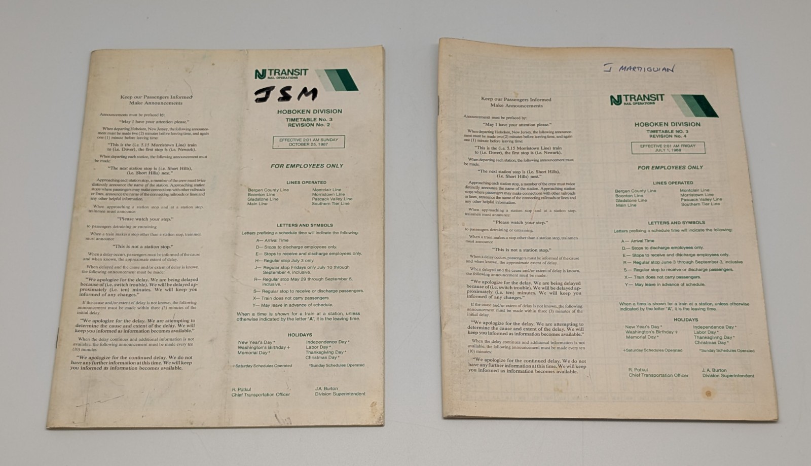 VTG 1987 & 1988 New Jersey Transit Employee Timetables - Hoboken Division