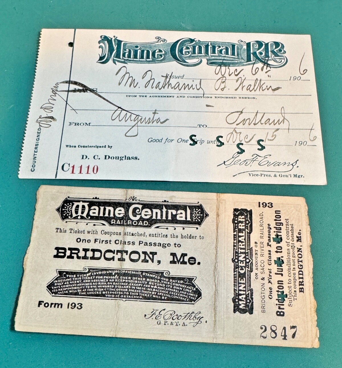 Rare 1898, 1906 MAINE CENTRAL RAILROAD MCRR RR Bridgton ME Tickets