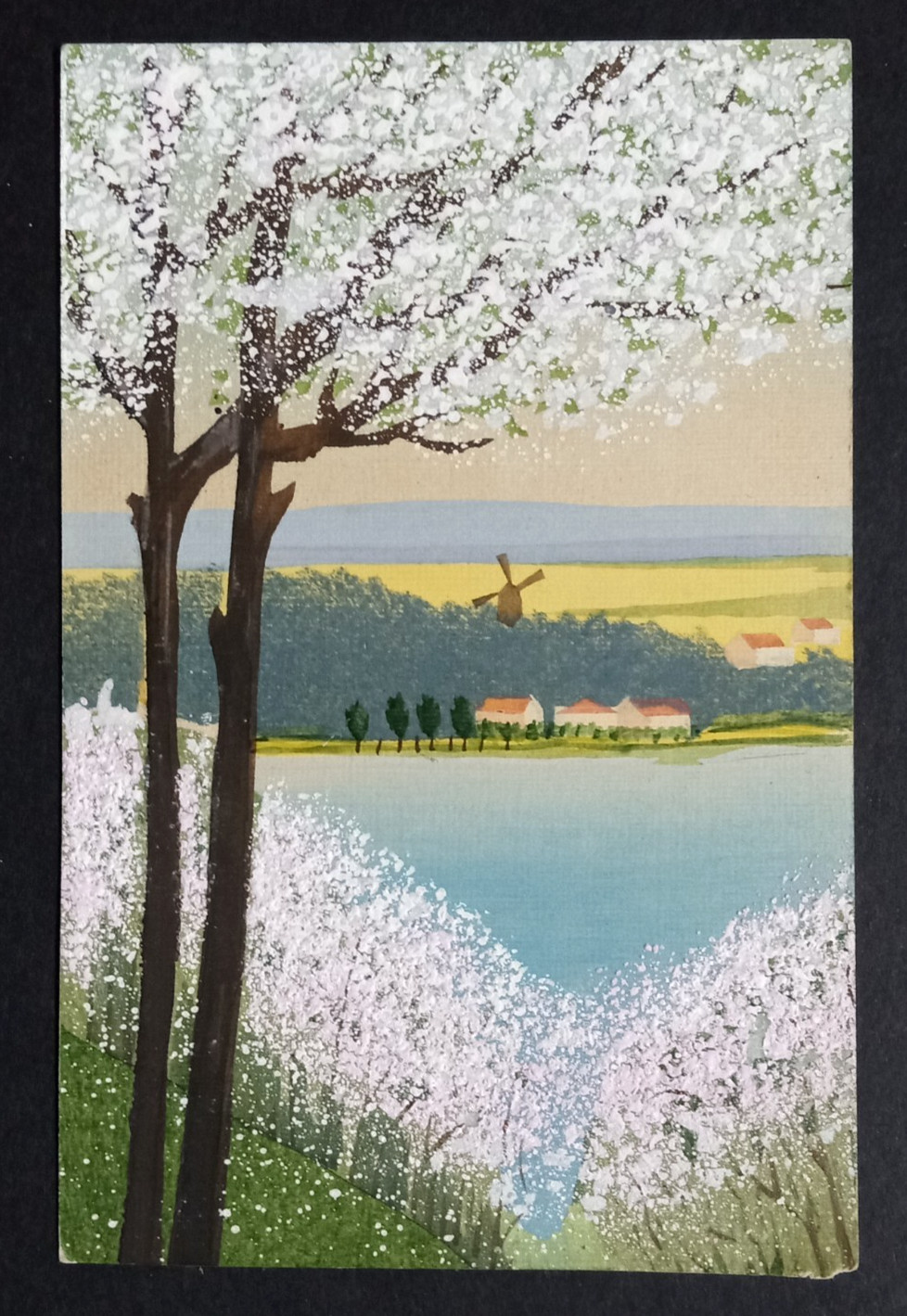 Hand Painted Scenic View Windmill Postcard c1910s Trees Blossoms Mountains UNP