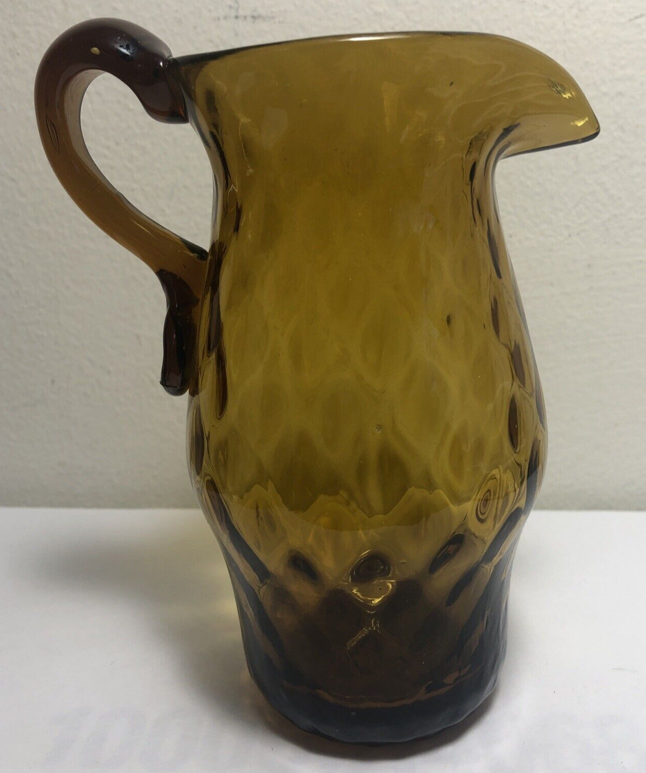 Vtg Hand Blown Amber Brown 5-1/2” Glass Pitcher Applied Handle Diamond Pattern