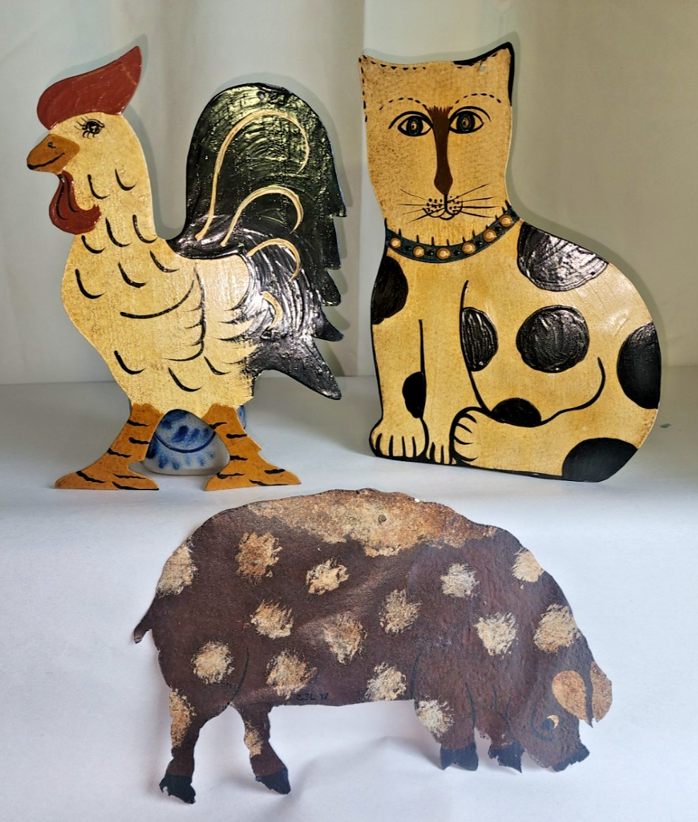 Vintage Folk Art Tin Silhouette Lot of 3 - Hand Painted Rooster, Cat, Pig