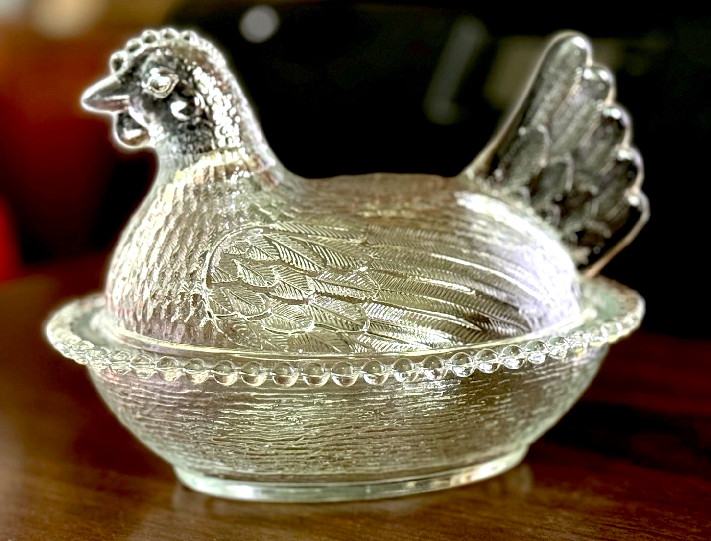INDIANA GLASS HEN ON A NEST CRYSTAL CLEAR CANDY DISH MADE USA FARM COUNTRY NEW