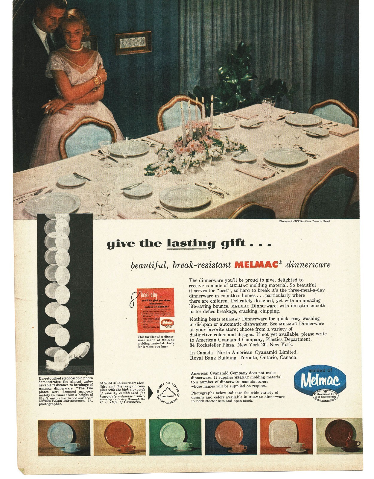 1952 Melmac Vintage Print Ad MCM Dinnerware Colorful Plastic Dishes Kitchen