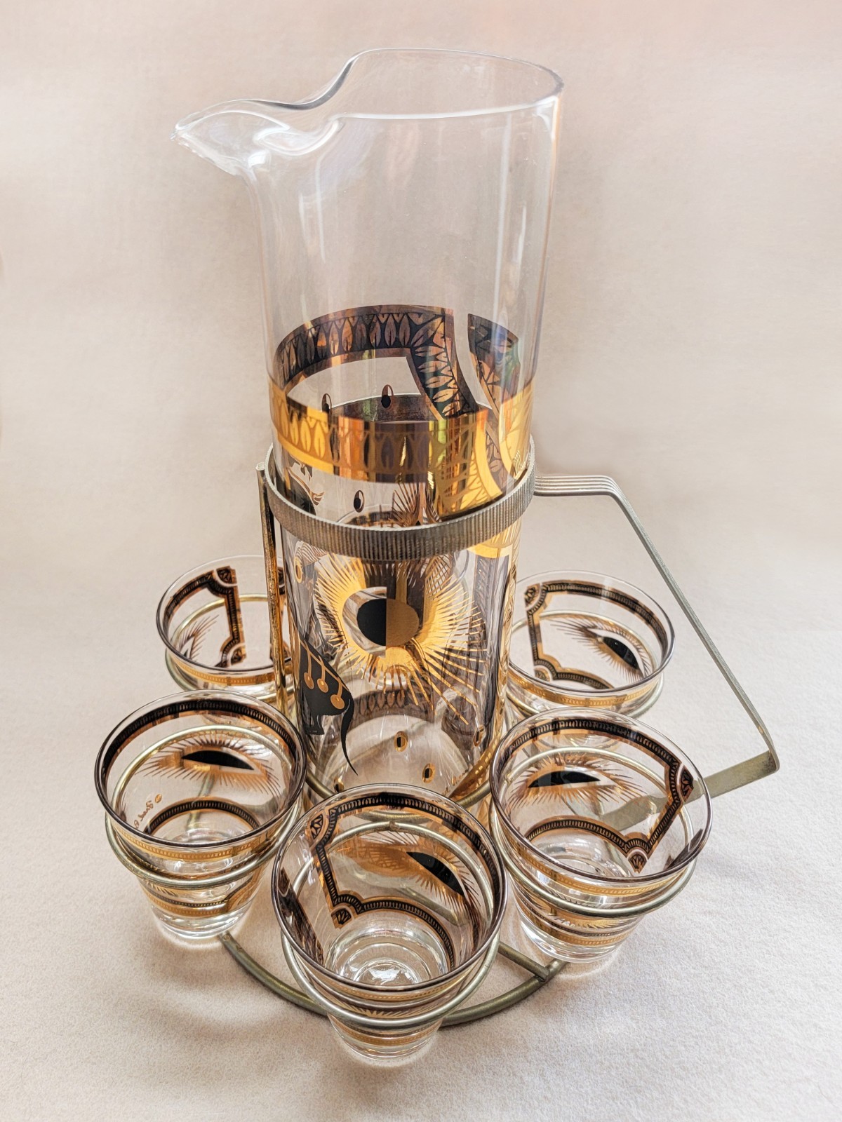 8 Pc MCM FRED PRESS Gold & Black Trojan Horse PITCHER 6 GLASSES & Caddy BAR Set 8 Pc MCM FRED PRESS Gold & Black Trojan Horse PITCHER 6 GLASSES & Caddy BAR Set